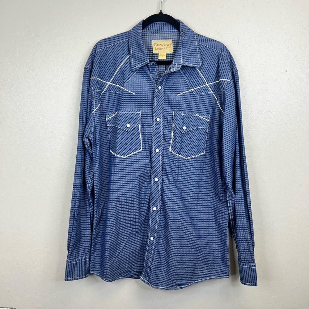 Cowboy Legend Blue Checkered Western Rodeo Shirt Men’s XL Cotton Snap Button Up